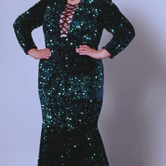 This Sydneys Closet dress is perfect for special occasions. It features a figure-hugging mermaid silhouette, a train, and a V-neckline with long sleeves. The fabric is a luxurious blend of sequin and velvet for a stunning look. The corset ensures a perfect fit for plus size wearers. Our Clutch plus size sequin Mermaid gown guarantees you'll dazzle everyone at a Pageant, Prom 2024 or any black-tie event.