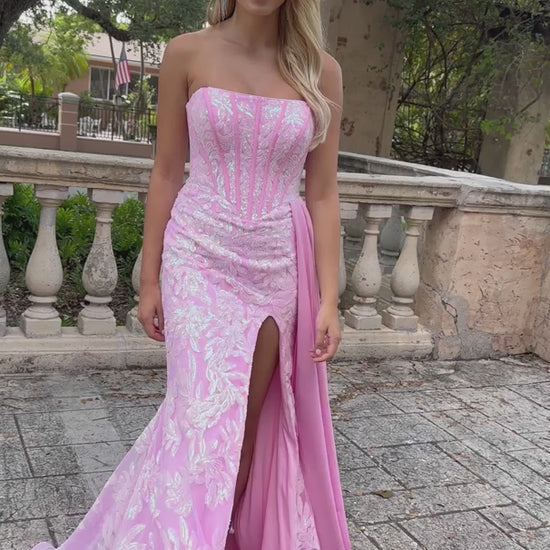 Elevate your formal attire with the Ava Presley 28291 Long Prom Dress. This strapless gown features a flattering corset design, charming side drape, and elegant train. Made with luxurious charmeuse fabric, it exudes sophistication and grace. Perfect for pageants, proms, or any special occasion.