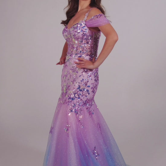 The Ellie Wilde EW35056 Ombre Sequin Sheer Corset Prom Dress will make a show-stopping entrance. It features a corset bodice, detachable off-shoulder glitter tulle straps, and a lace-up back for a custom fit. The mermaid silhouette and ombre sequin sheer fabric guarantee a glamorous look on your special night.  COLOR: COTTON CANDY, LIME SORBET, SEA BREEZE SIZE: 00 - 20