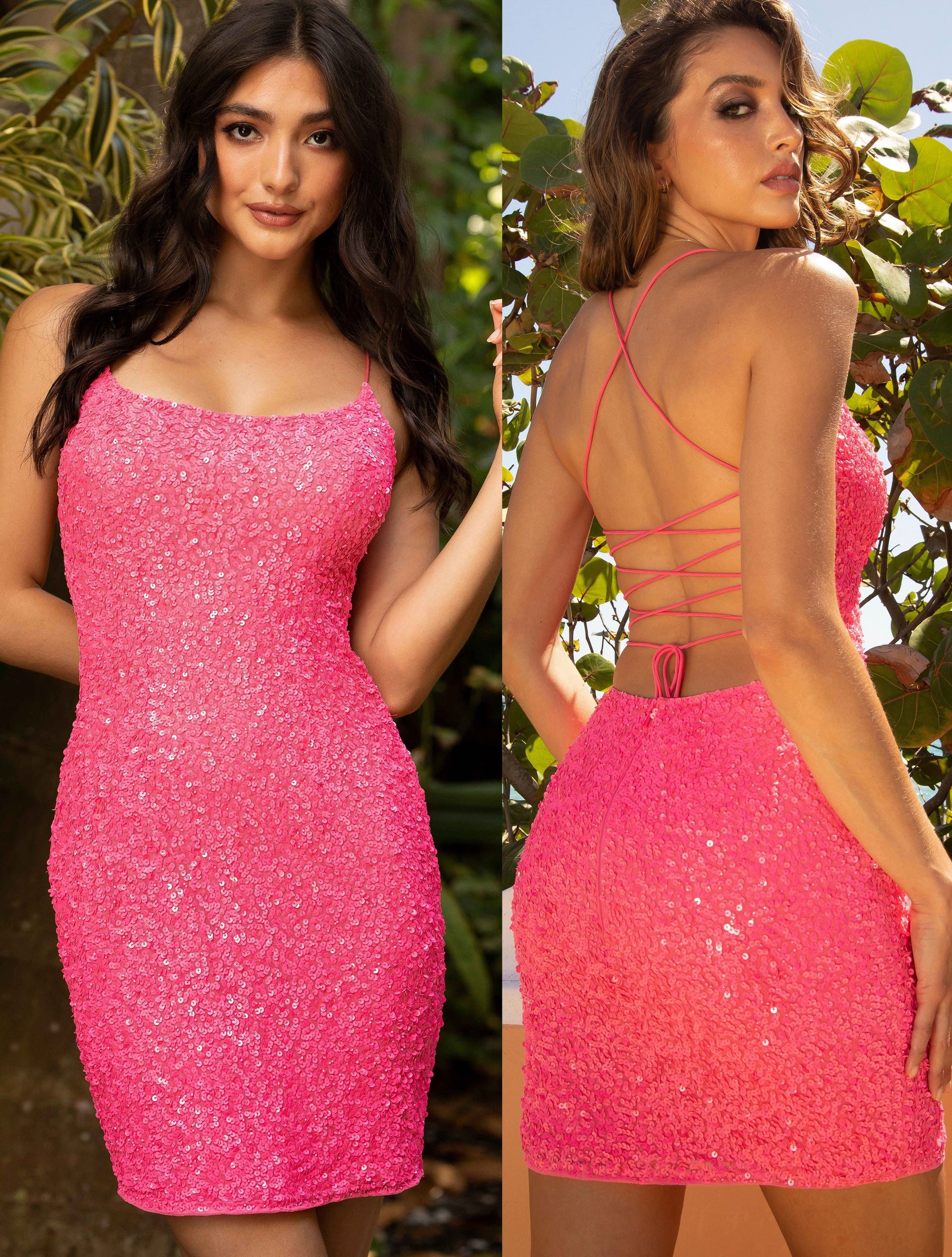 Primavera 3351 is a short fitted sequin embellished cocktail dress. This gown would be perfect for homecoming, dances & Formal events. Scoop neckline with spaghetti straps wrapping around to an open back with a lace up corset tie. This backless dress features multi & Textured sequins for Tons of Dimension!Available Color: Baby Pink, Black, Blue, Bright Blue, Emerald, Fuchsia, Gold, Ivory, Midnight, Neon Coral, Neon Lilac, Neon Pink, Neon Sage, Orange, Purple, Red, Rose, Turquoise, Yellow