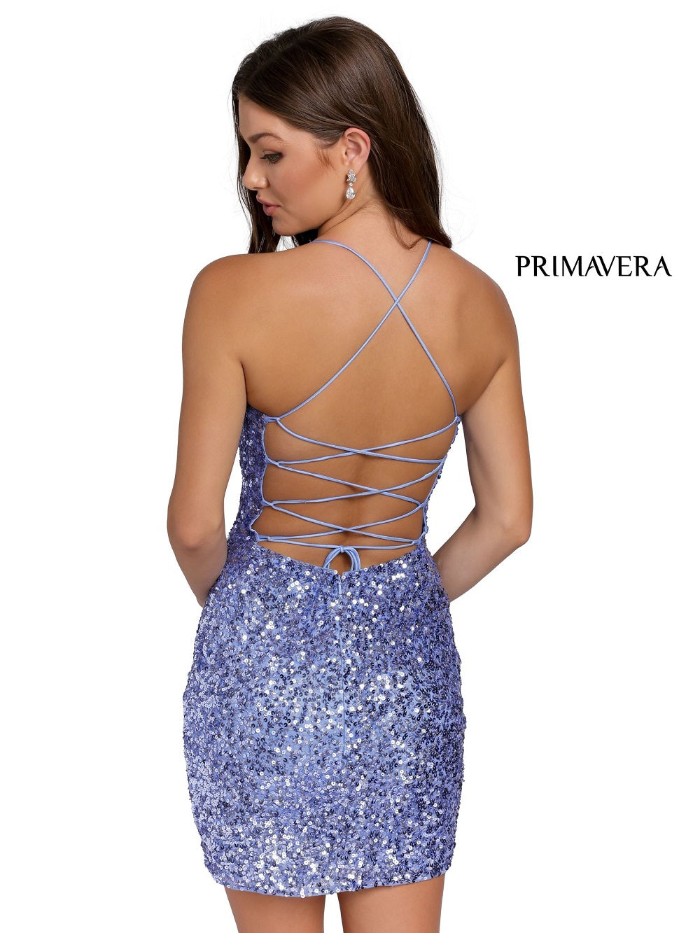 Primavera 3351 is a short fitted sequin embellished cocktail dress. This gown would be perfect for homecoming, dances & Formal events. Scoop neckline with spaghetti straps wrapping around to an open back with a lace up corset tie. This backless dress features multi & Textured sequins for Tons of Dimension!