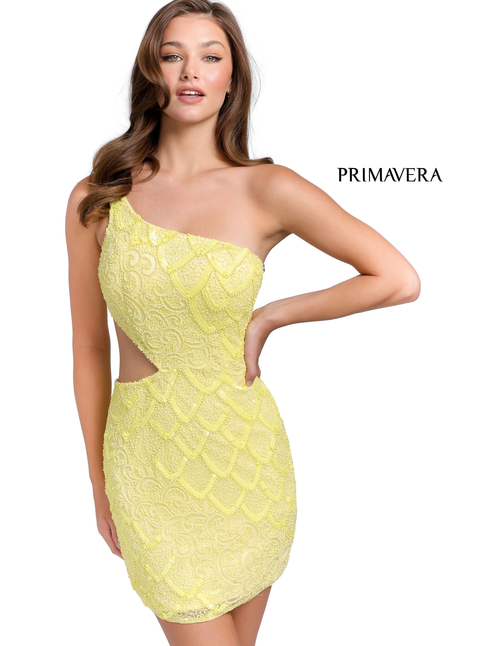 Primavera Couture 3504 Cocktail Dress Glass Slipper Formals Lake City Florida  Wow everyone at the party with this short homecoming dress.  The beaded sequins fitted dress has scallop details, it is one shoulder with a cutout on the side.  Colors: Black, Bright Blue, Ivory, Emerald, Gold, Light Turquoise, Neon Coral, Neon Lilac, Neon Pink, Orange, Pewter, Pink, Purple, Raspberry, Red, Royal Blue, Sage Green, Yellow  Sizes:  00, 0, 2, 4, 6, 8, 10, 12, 14, 16, 18