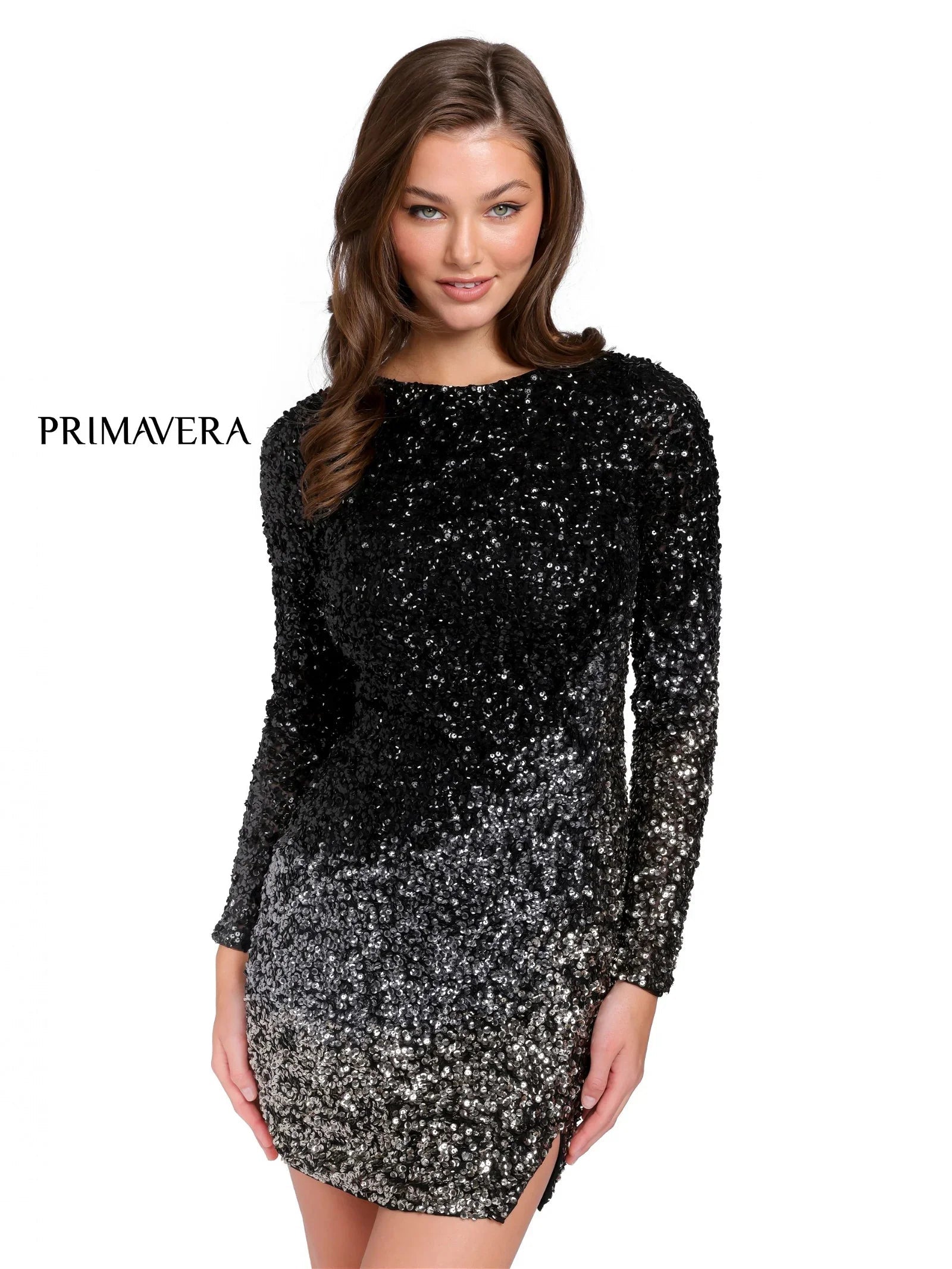 Primavera Couture 3819 Short 2023 Homecoming Dress Fitted Long sleeve backless Sequin Cocktail Dress. Ombre color shift with a slit in skirt.  Available Color- Black, Light Blue, Pink, Lavender, Mint, Nude/Multi  Available Size-00-18