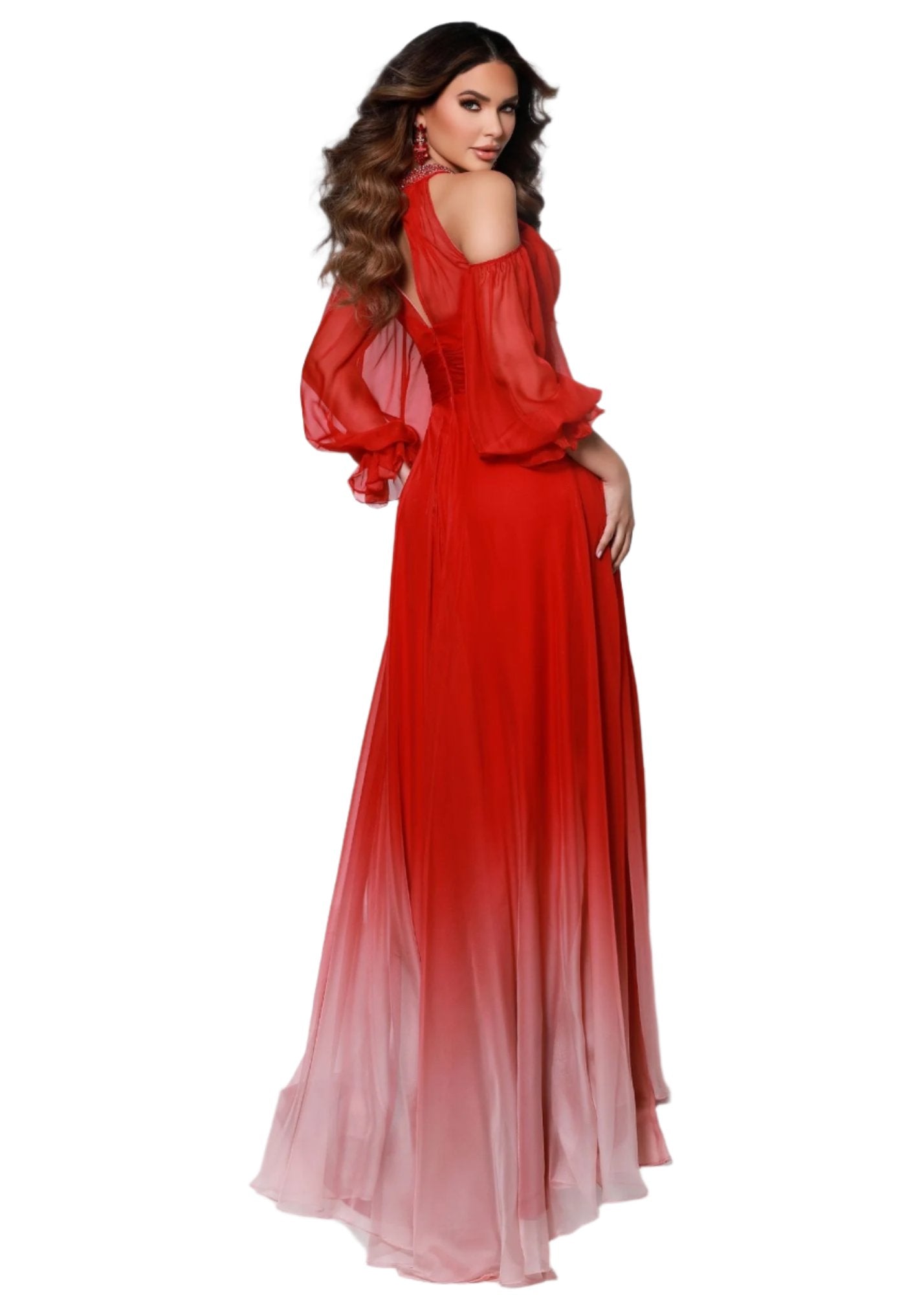 Look sexy and sophisticated with the Johnathan Kayne 3541 Size 2, 4 Cherry Ombre Chiffon Dress! The long sleeves and high neck make it a perfect formal wear option, with a hint of daring edge from the daring side slit. Slay at the party, and everyone will know who's cherry-on-top!  Size: 2, 4  Color: Cherry/Ombre