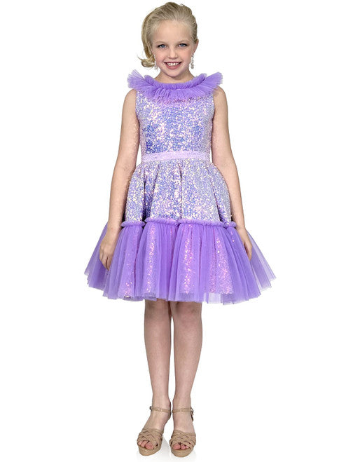 Marc Defang Kids 5111 Dress is a stunning cocktail dress for special occasions. Crafted from sequin tulle with pleated ruffle and layered detailing, it is sure to turn heads. Perfect for pageants, it will make your little one feel like a princess. Please inquire for additional colors.  Sizes: 4,5,6,7,8,9,10,11,12,13,14  Colors: Lilac, Mint, Royal Blue