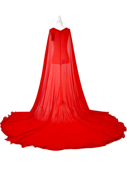 Elevate your formal look with the Marc Defang 2011 Long Chiffon Formal Pageant Cape. This detachable cape features 2 panels for a customizable fit and a stunning chiffon fabric that will flow gracefully as you move. Perfect for pageants, this cape adds that extra touch of elegance to your ensemble.   Ladies ONE SIDE FITS ALL