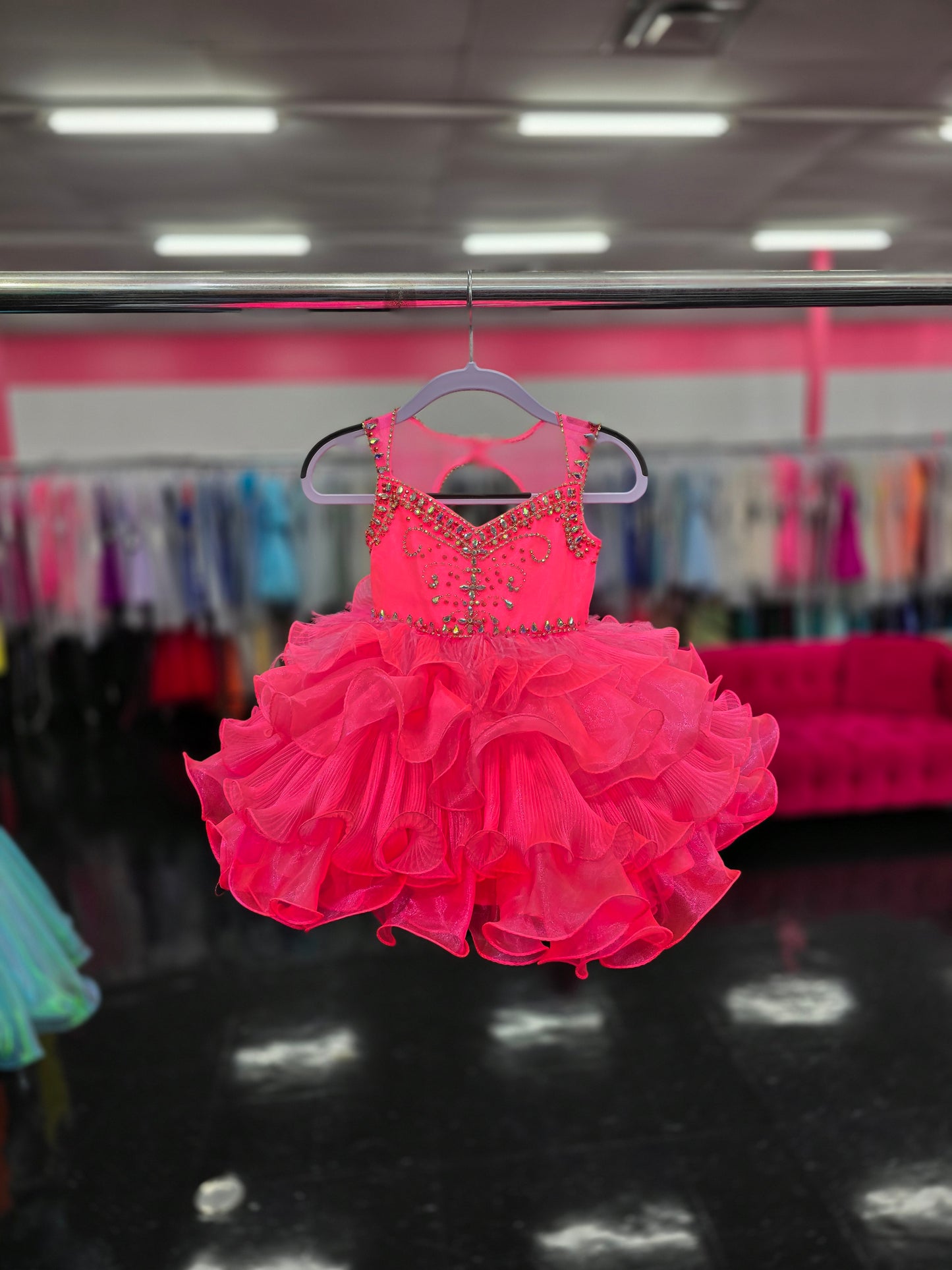 Sugar Kayne C202 Size 2T Neon Pink Girls Pleated Feather Cupcake Pageant Dress Toddle Baby Gown