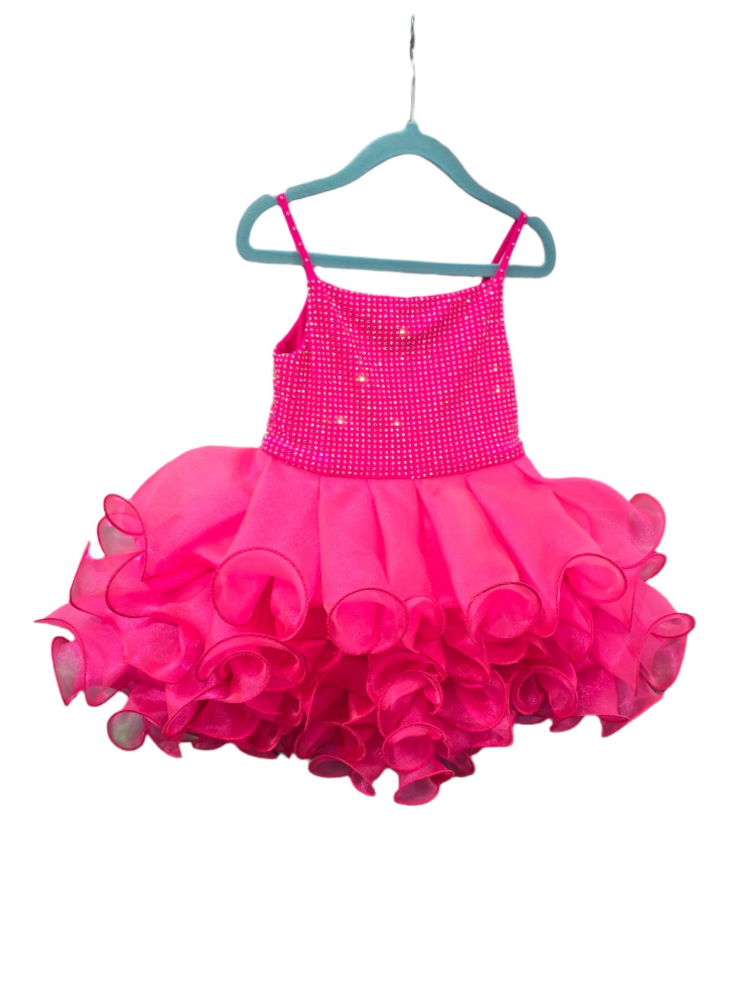 Marc Defang 5144 Size 2T Neon Pink Short Crystal Cupcake Pageant Dress Layered Ruffle Girls Baby Kids Gown