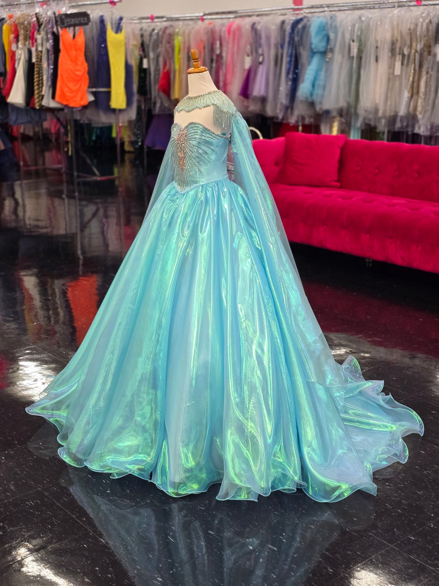 Sugar Kayne C334 Size 6 Blue Girls Pageant Dress Iridescent Organza Sweetheart Neckline Long Ball Gown Skirt