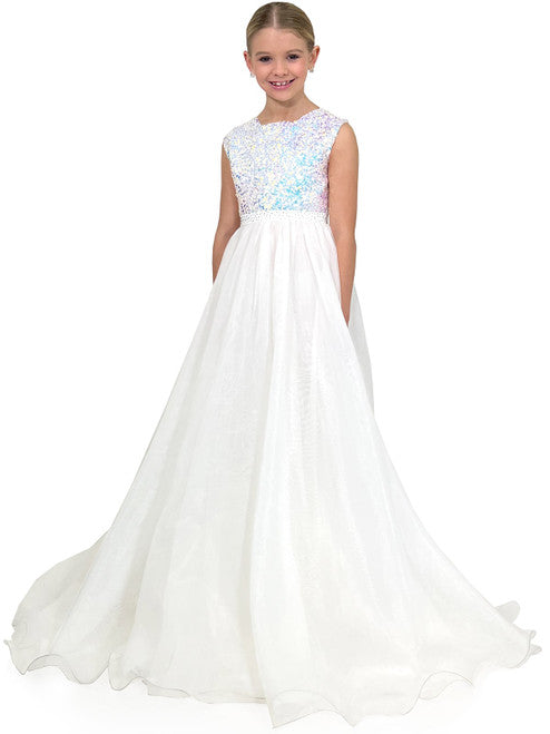 Marc Defang 5009 Long A Line Sequin Girls Ball Gown Pageant Dress Chiffon Kids  A classic classy perfect evening gown! Scallop shape necklines  Fully beaded top Hand crafted AB Crystals on the waistband  Organza skirt Center back invisible zippers  Fully lined  Available Sizes: 4, 5, 6, 7, 8, 9, 10, 11, 12, 13, 14  Available Colors: Royal Blue, Mint, White, Red, Hot Pink, Call for Custom Colors  IF NOT IN STOCK PLEASE ALLOW 30 DAYS FOR DELIVERY!