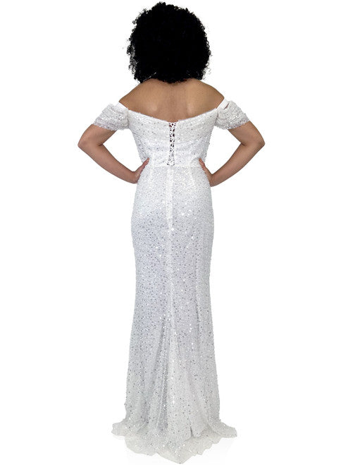 This Marc Defang 8228 dress is an elegant, fitted off-the-shoulder design, featuring a detachable overskirt and ornate pearl, sequin, and beaded detailing. It's perfect for a unique prom, pageant, or wedding look. Corset back  Sizes: 00-16  Colors: Hot Pink, White  *Allow 30 days production