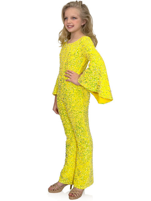 Inject a bit of sparkle and glamour into special occasions with Marc Defang's 8225K Girls Velvet Sequin Pageant Jumpsuit. This jumpsuit features a high neck with long bell sleeves and is finished with a beautiful sequin design for an eye-catching effect. Perfect for pageants and special occasions.  Sizes:  4,5,6,7,8,9,10,11,12,13,14  Colors: Yellow, White AB, Royal, Hot Pink, Purple, Light Blue, Light Pink, Neon Green, Lilac