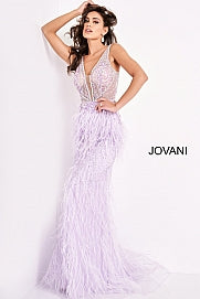 Jovani 03023 is a Long Feather Prom Dress, Pageant Gown, Wedding Dress & Formal Evening Wear Gown.  The Sheer embellished bodice features a plunging v neckline with beading & crystal accents cascading through a feather embellished skirt. Very stunning and unique wedding dress! 