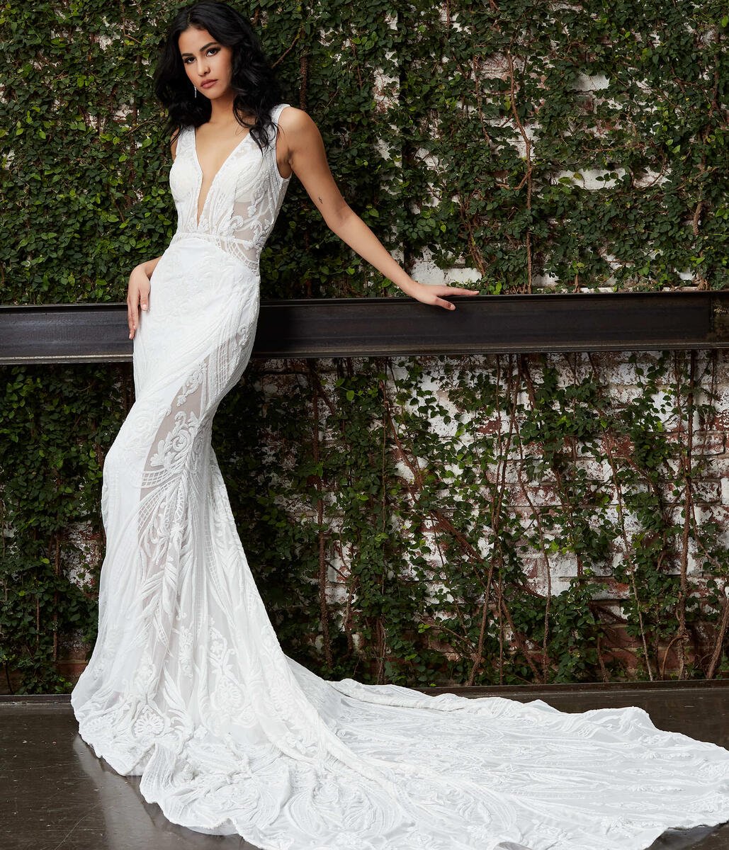 Jovani Bridal JB03871 Long Sheer V Neck Wedding Dress Sheer Embellished Gown  Available Sizes: 00-24  Available Colors: White