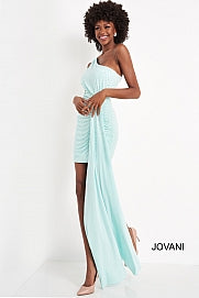 Jovani 04153 is a short fitted one shoulder cocktail dress. Embellished with scattered crystal rhinestones, Ruched shoulder & ruching leading up to the long draped sash along the hip. crystal accents disperse as they fall down the train. Great for any formal event!  Prom, Pageant and Evening Formal Wear Cocktail Dress.   Colors: Mint  Size:  4