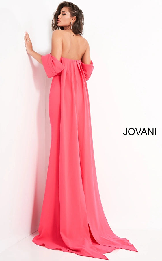 Jovani 04350 Off the shoulder crepe evening dress with cape train