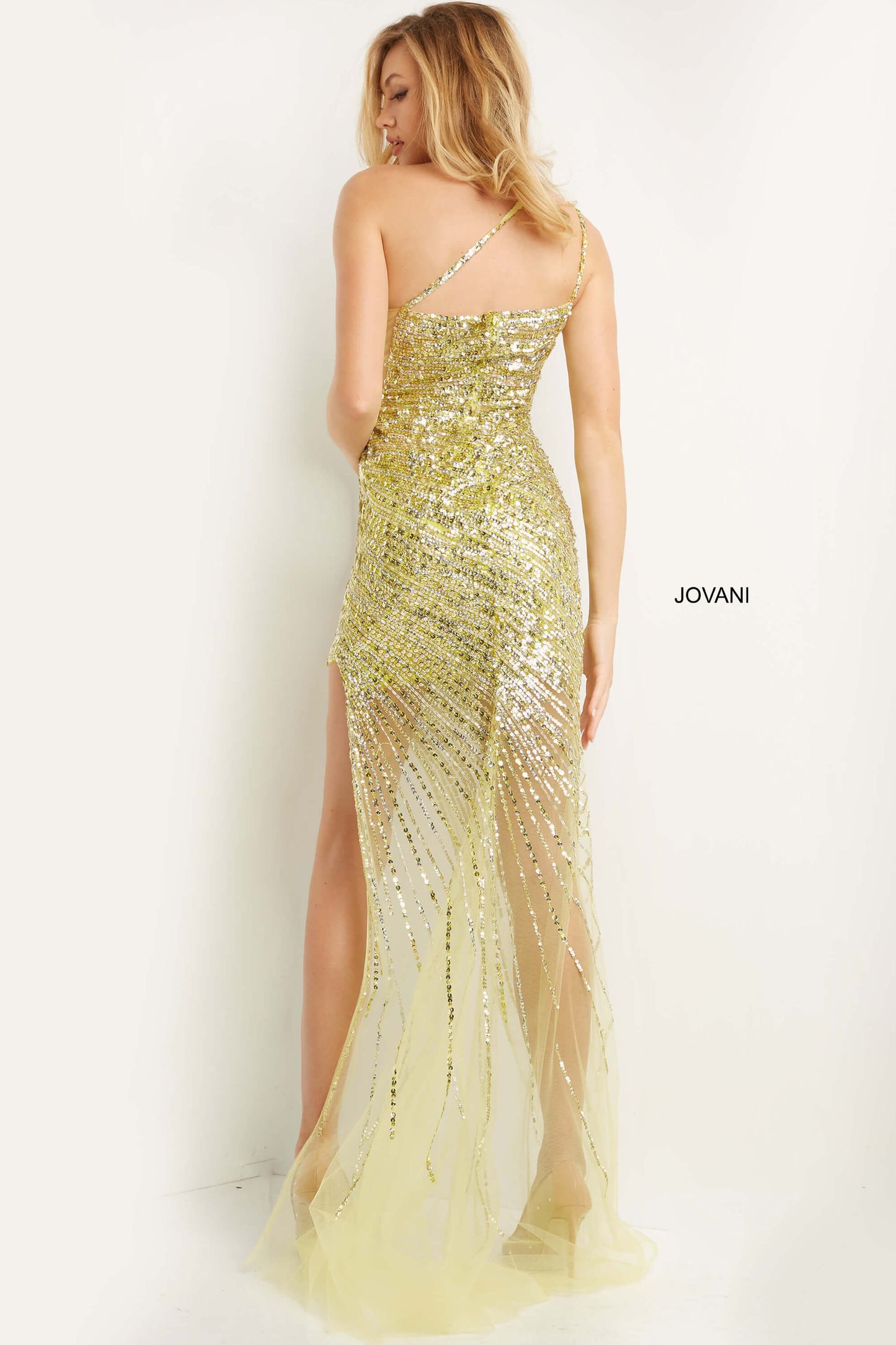 Jovani 05647 Sheer Beaded Prom Dress One Shoulder Hi Low Slit