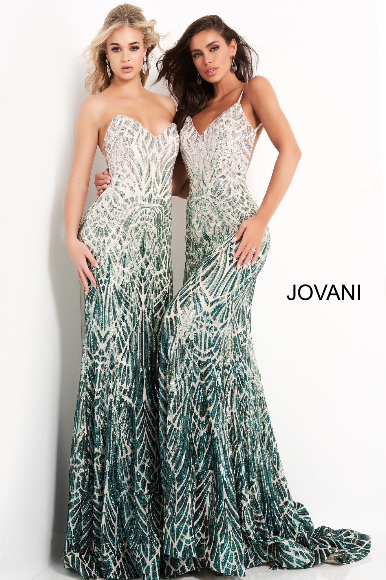 Jovani 06450 is a Gorgeous Long Fitted mermaid Formal evening gown. This Prom Dress Features an open Back with spaghetti straps. Ombre Sequin Color Shift on this Mermaid Pageant Dress. Lush Trumpet skirt with a sweeping train. Fully Embellished sequin Geometric pattern to accentuate any figure! Available Sizes: 00,0,2,4,6,8,10,12,14,16,18,20,22,24 Available Colors: silver/cafe, silver/green