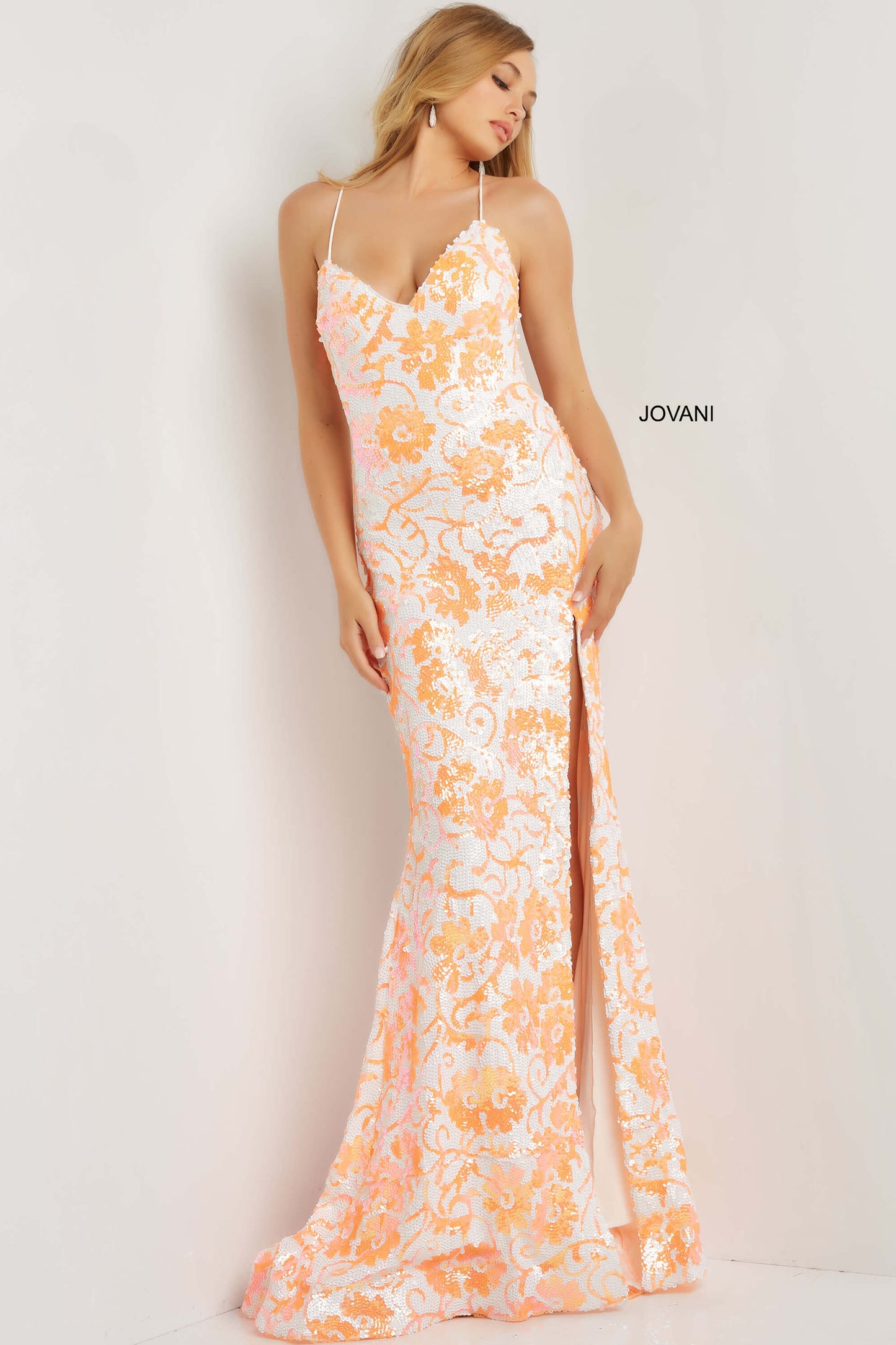 Jovani 08255 Long Straight Prom Pageant Gown  Floral Embellished dress  Available Size- 00-24  Available Color- Ivory/Light Orange, Ivory/Purple, Ivory/Emerald 