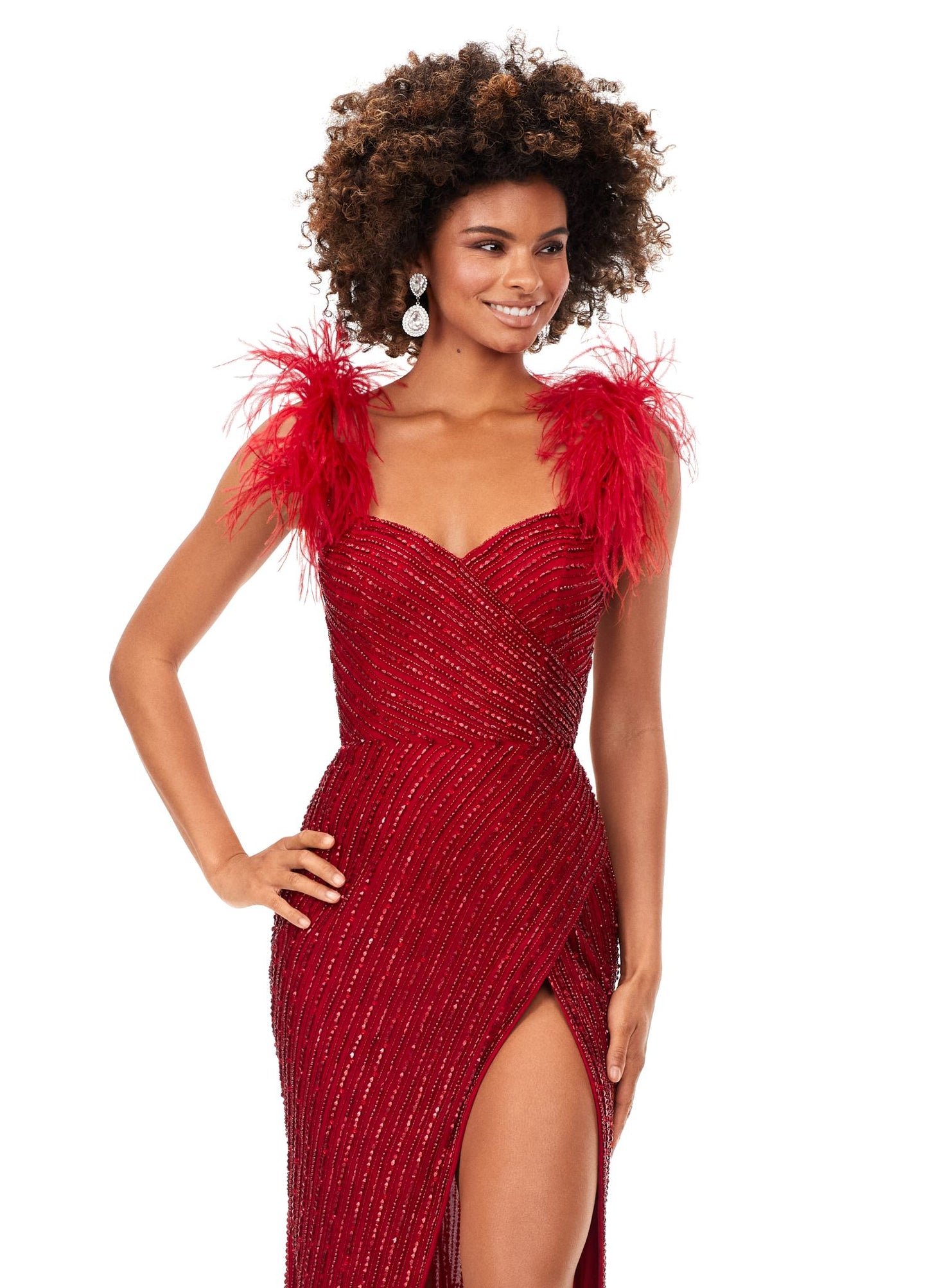 Ashley Lauren 11367 Fully Beaded Gown with Feather Straps