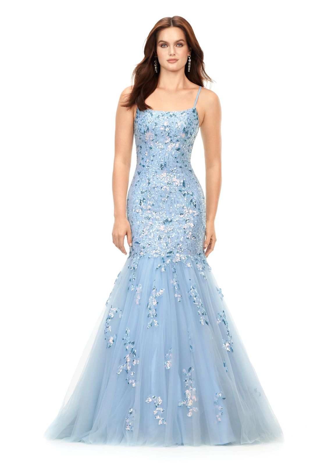 Ashley Lauren 11375 This spaghetti strap prom dress features sequin appliques throughout the bodice that cascade down onto the fit and flare skirt. The look is complete with an open lace up back. Straight Neckline Spaghetti Straps Fit & Flare Skirt Tulle & Sequin Applique COLORS: Sky, Lilac