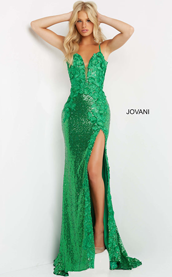 Jovani 1012 Sequin Fitted Formal Prom Dress Slit Pageant Backless Floral Bodice