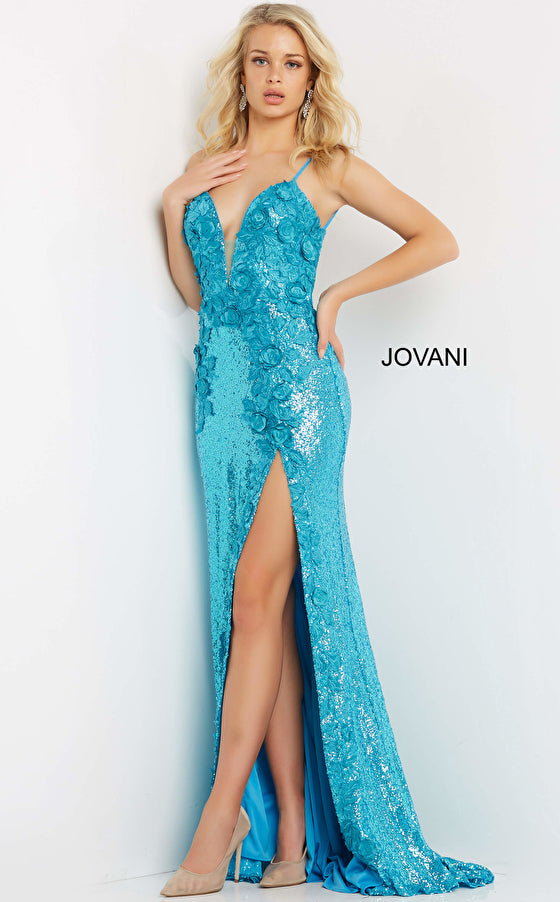 Jovani 1012 Sequin Fitted Prom Dress Slit Prom Pageant Backless Floral Bodice