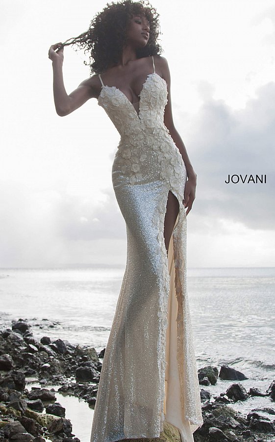 Jovani 1012 Cream Rose Gold Stretch petite Sequins Fitted Formal Dress #D Floral Appliques Plunging neckline flower embellished slit backless Glass Slipper Formals