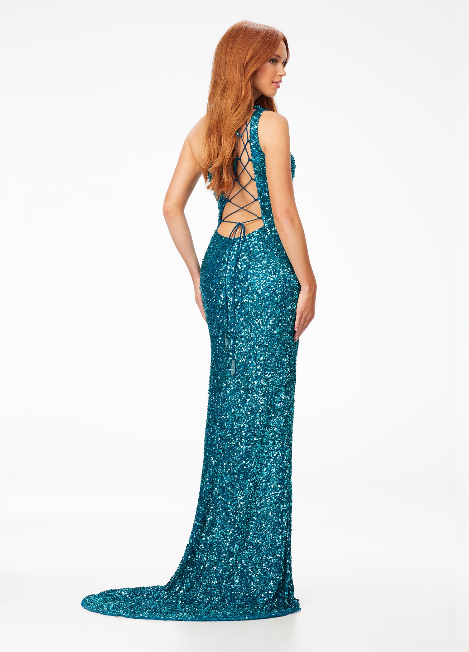 Ashley Lauren 11144 Sequin One Shoulder Prom Dress with Lace up Back  Dazzle the night away in this one shoulder sequin gown featuring an asymmetrical lace up back and left leg slit.