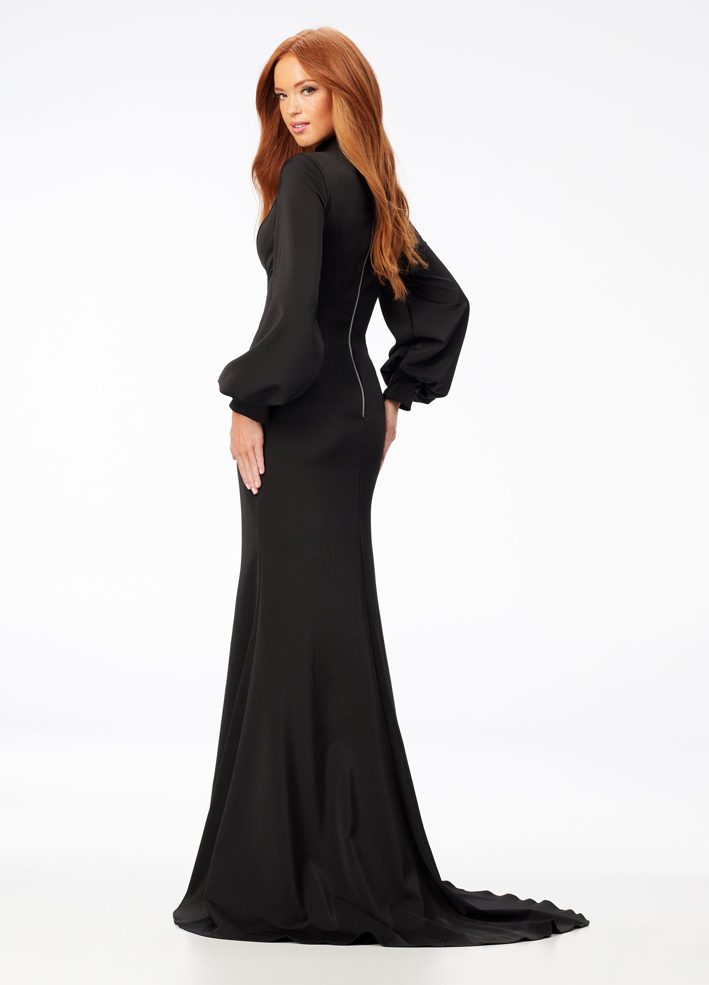 Ashley Lauren 11219  This ultra glamour high neckline crepe gown features balloon seleves and contoured seaming to provide the perfect silhouette. The back features an exposed zipper and sweep train.