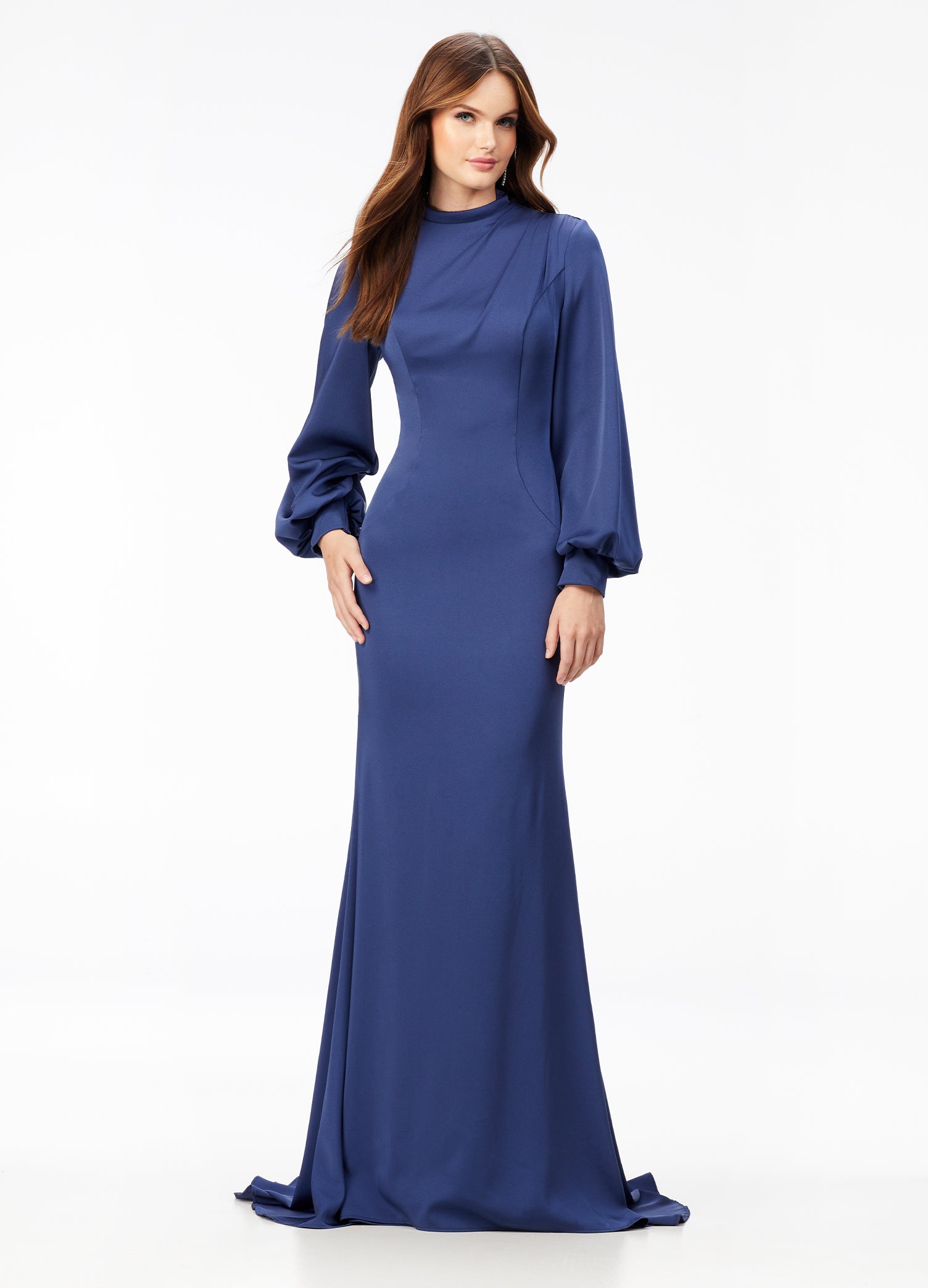 Ashley Lauren 11219  This ultra glamour high neckline crepe gown features balloon seleves and contoured seaming to provide the perfect silhouette. The back features an exposed zipper and sweep train.