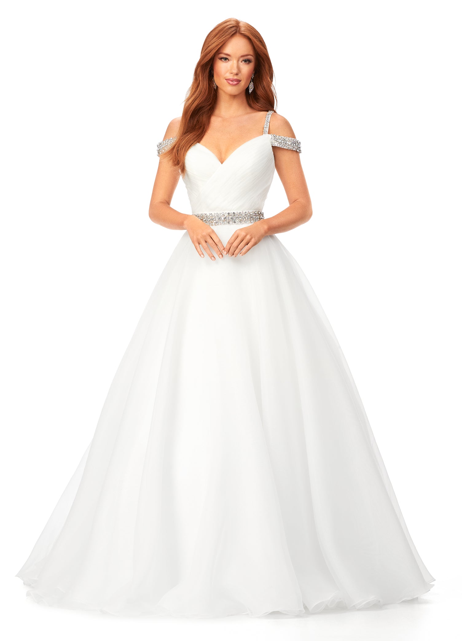 Ashley Lauren 11221 Dazzle in this off shoulder organza ball gown. The wrap bustier is complete with ruching and the spaghetti straps, off shoulder straps and belt are encrusted with rhinestones.