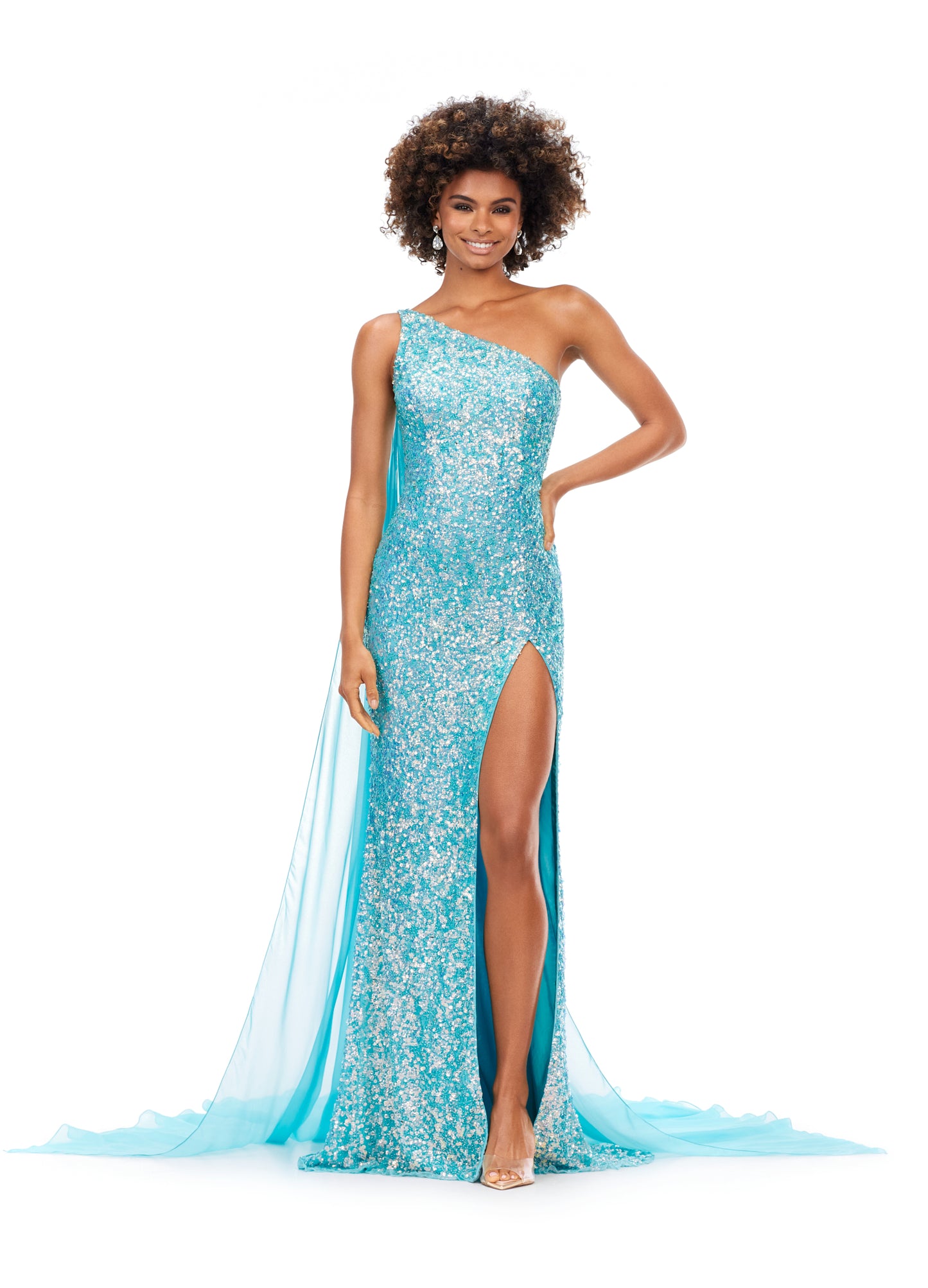 Ashley Lauren 11371 One Shoulder Prom Dress fully sequence with shoulder cape and slit.  Colors : Candy Pink, AB Turquoise, Coral, Emerald, Royal, Sky  Sizes: 0-24  One Shoulder Shoulder cape Slit Fully sequenced 