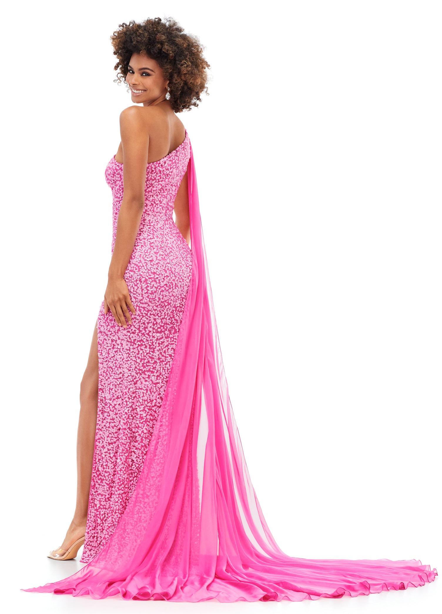 Ashley Lauren 11371 One Shoulder Prom Dress fully sequence with shoulder cape and slit.  Colors : Candy Pink, AB Turquoise, Coral, Emerald, Royal, Sky  Sizes: 0-24  One Shoulder Shoulder cape Slit Fully sequenced 