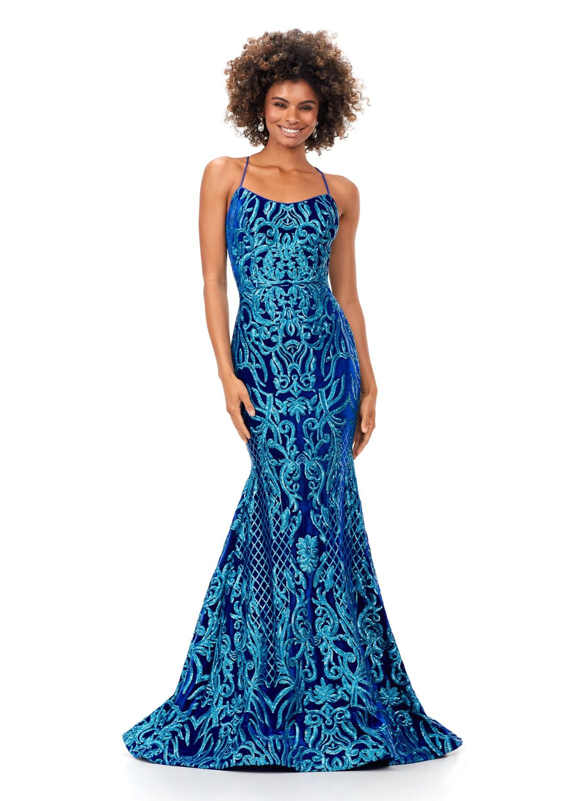 Ashley Lauren 11331 Make an entrance in this velvet sequin gown. The spaghetti straps are sure to provide the perfect fit. The sequin applique is perfectly placed throughout the gown to compliment your curves. The look is complete with a sweep train. Spaghetti Straps Lace Up Back Sweep Train Velvet Sequin COLORS: Blue, Fuchsia/Black, Turquoise/Royal