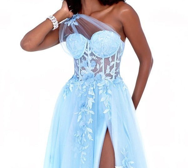 The Cecilia Couture 1516 is a modern and stylish formal dress with eye-catching features including a sheer lace shimmers, delicate one shoulder corset and an A-line tulle skirt. Perfect for special occasions and prom, this gorgeous dress will make you stand out. Slit skirt  Sizes: 0-16  Colors: Lemon, Sky Blue