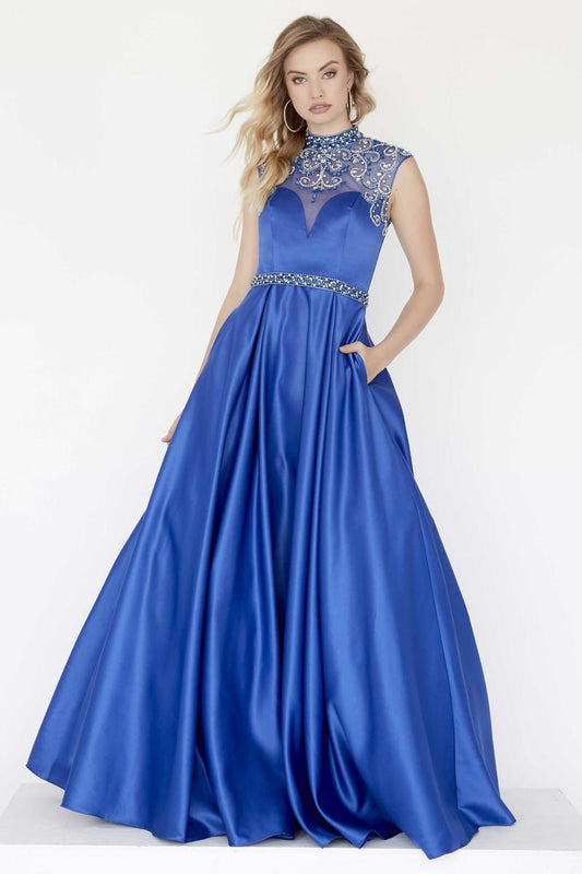 Jolene 18016 Size 16 Royal Long Satin A Line Ballgown Prom Dress Sheer High Neck Pockets