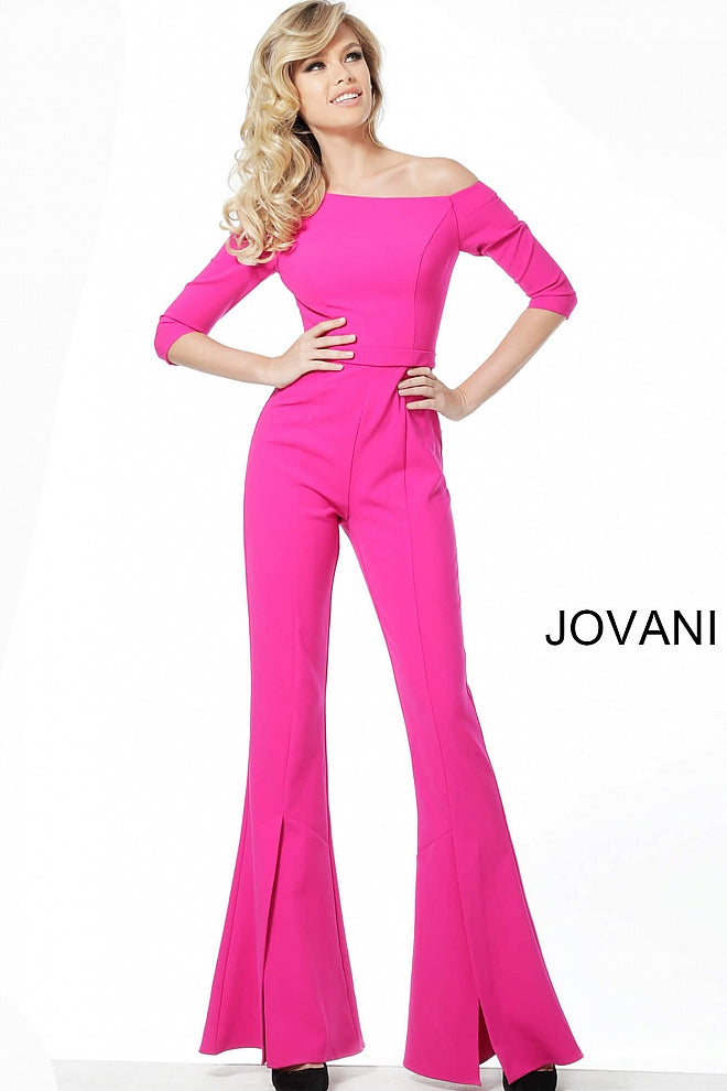 Jovani 1867 off the shoulder fitted bell bottom jumpsuit  three quarter long sleeve, Fuchsia Three Quarter Sleeve Bell Pant Jumpsuit 1867  Black, Fuchsia Sizes 00-24  Fuchsia Three Quarter Sleeve Bell Pant Jumpsuit 1867