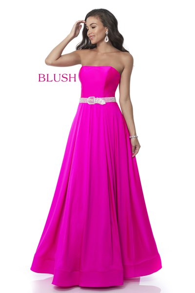 Blush Prom 11960 size 12 Shocking Pink Jersey A Line Strapless Prom Dress Crystal Belt Neon Pink