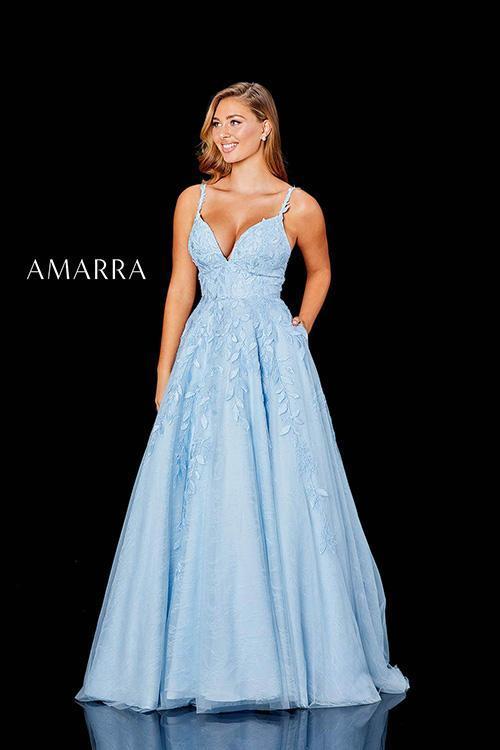 Amarra 20001 A Line Corset Prom Dress Ballgown Pockets Formal Gown Lace V Neck  Embrace your inner Cinderella on prom night, with a blue gown that’s sure to turn heads. Embellished with soft lace appliques, Style 20001 is feminine and sexy. Give in to your flirty side with a fitted V neckline bodice, lace straps and a lace up back. ● Made with quality lace and tulle for a luxurious high-fashion finish ● Available in black, bright pink, ivory, light blue, lilac, red, wine, yellow