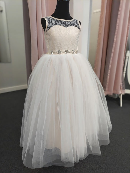 Rosebuds 5129 Size 6 Champagne Long Tulle Flower Girl Ballgown Dress Lace Bodice Belt