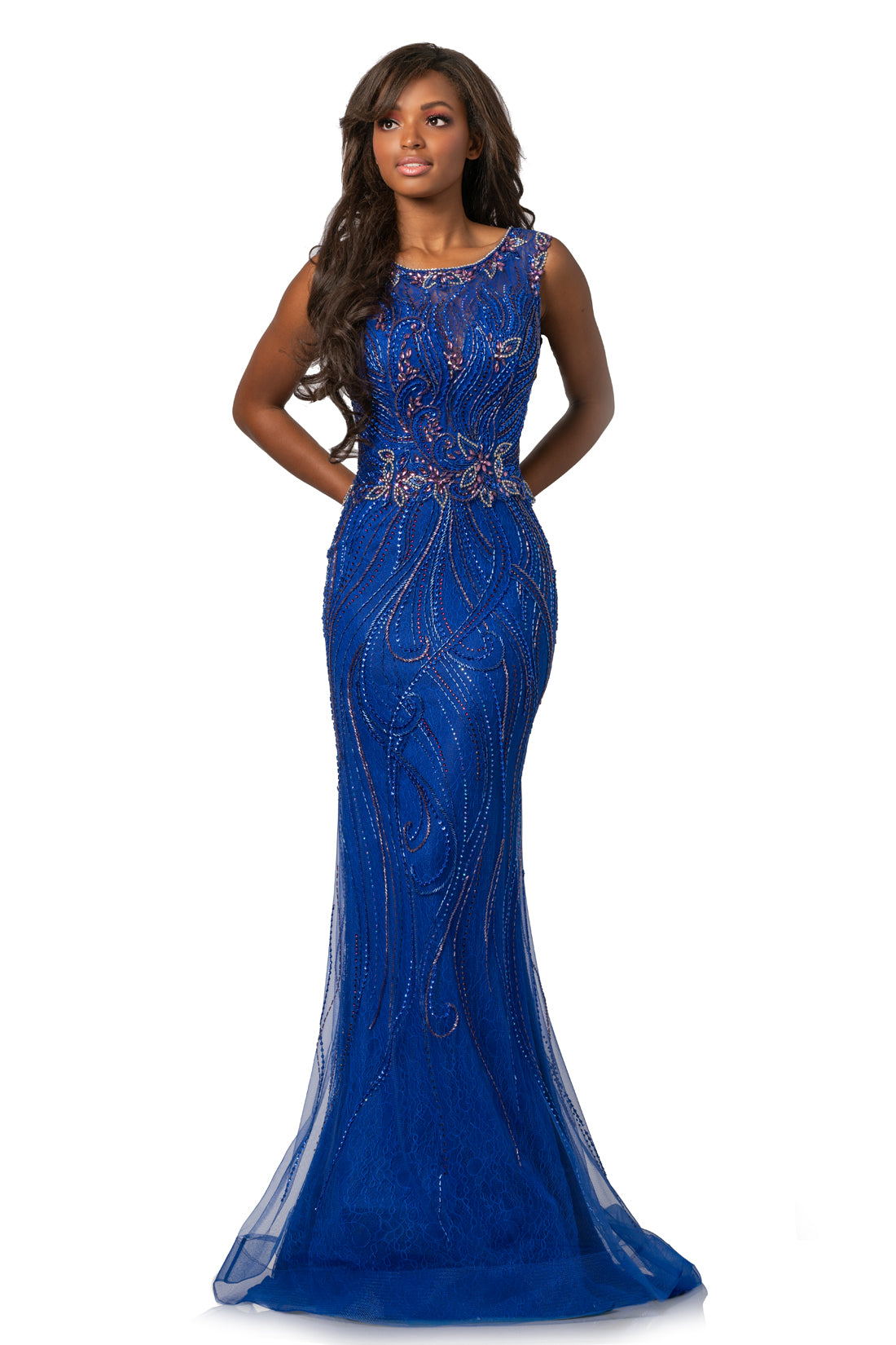 Johnathan Kayne 2042 Fit & Flare Lace Prom Dress. Sheer Illusion Embellished High Neckline with Plunging neckline underlay. Floral swirl embellishments adorn the bodice and cascade into the skirt. Sheer Illusion lace back with embellishments.