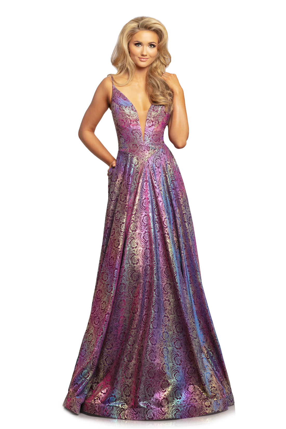 Johnathan Kayne 2094 is a metallic holographic Prom Dress, Pageant Gown & Formal Evening Wear. This long Gown Features a Metallic Glitter Floral Rose Design with a plunging neckline and spaghetti straps. This fitted bodice flows into a beautiful color changing A line skirt.