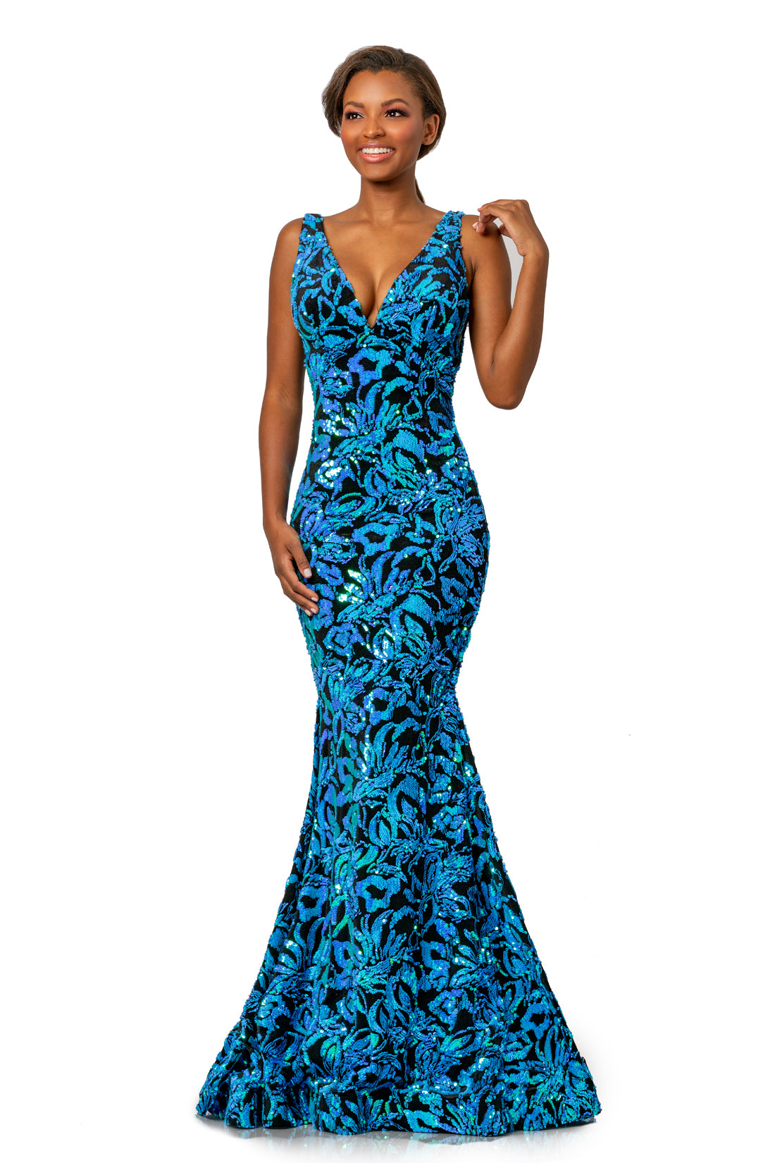 Johnathan Kayne 2106 is a velvet and sequins Prom Dress, Pageant Gown & Formal Evening Wear!  This Long Fitted Mermaid Dress Features a Stretch Velvet with Floral Iridescent  Sequin Embellishments along the entire dress. Deep V Neckline. with open V Back. Fit & Flare Silhouette with a Lush Trumpet Skirt. This Gown is Stunning!