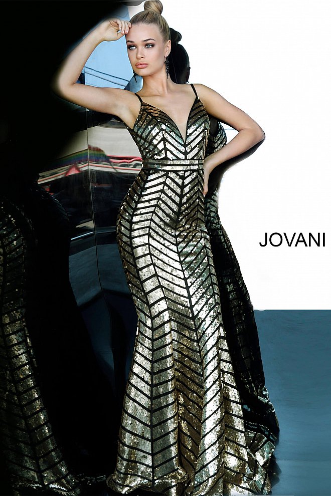 Jovani 2244 In Black/Gold Embellished Long Sequin Prom Dress 2020.   Stunning Geometric Pattern of Embellished Sequins. Spaghetti Straps with a V neckline.  Available In Stock Size 8 - Black/Gold 