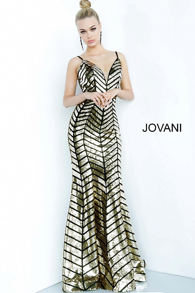 Jovani 2244 In Black/Gold Embellished Long Sequin Prom Dress 2020.   Stunning Geometric Pattern of Embellished Sequins. Spaghetti Straps with a V neckline.  Available In Stock Size 8 - Black/Gold 