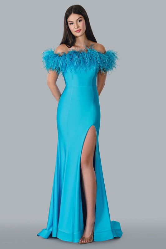 Stella Couture 23127 Long Fitted off the Shoulder Feather Prom Dress slit Pageant Gown  Sizes: 00-16  Colors: Fuchsia, Turquoise