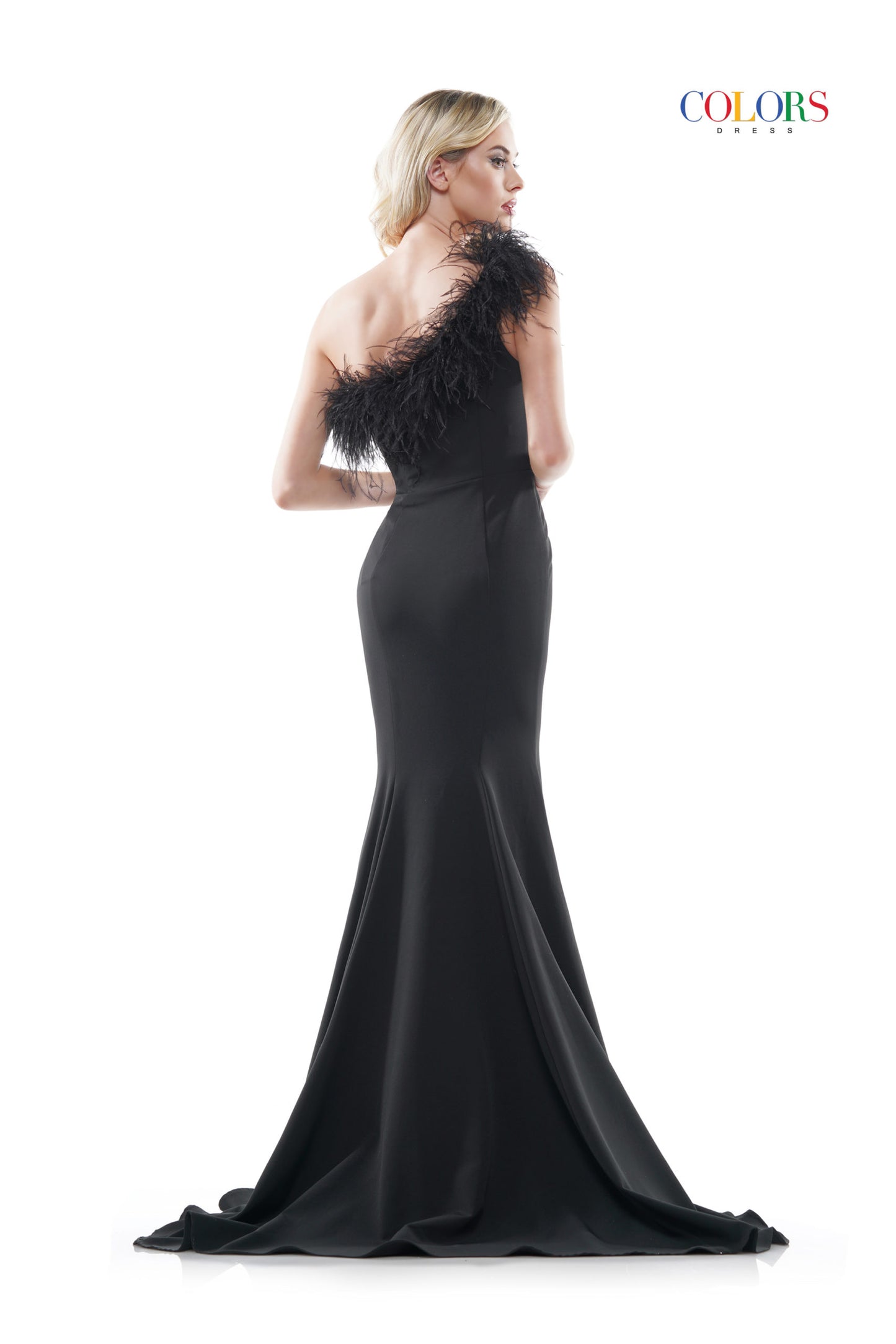 Colors Dress 2405 Fitted One Shoulder Feather Embellished Prom Dress Slit Gown 47″ one shoulder fit and flare crepe dress with ostrich feathers along the neckline, front slit  Available Sizes: 0-22  Available Colors: Black, Light Blue, Off White, Royal, Hot Pink