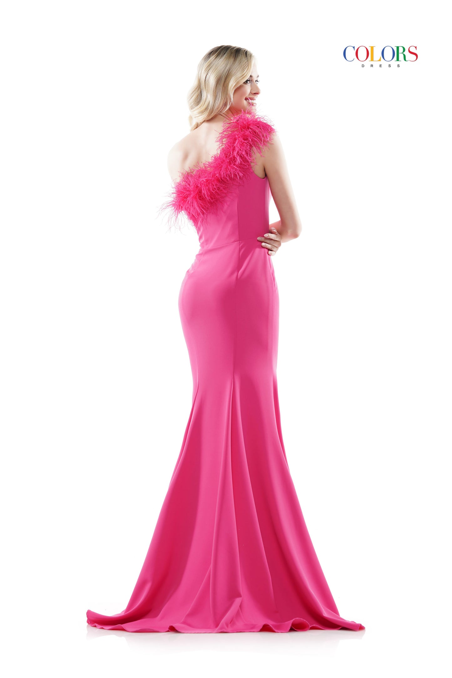 Colors Dress 2405 Fitted One Shoulder Feather Embellished Prom Dress Slit Gown 47″ one shoulder fit and flare crepe dress with ostrich feathers along the neckline, front slit  Available Sizes: 0-22  Available Colors: Black, Light Blue, Off White, Royal, Hot Pink