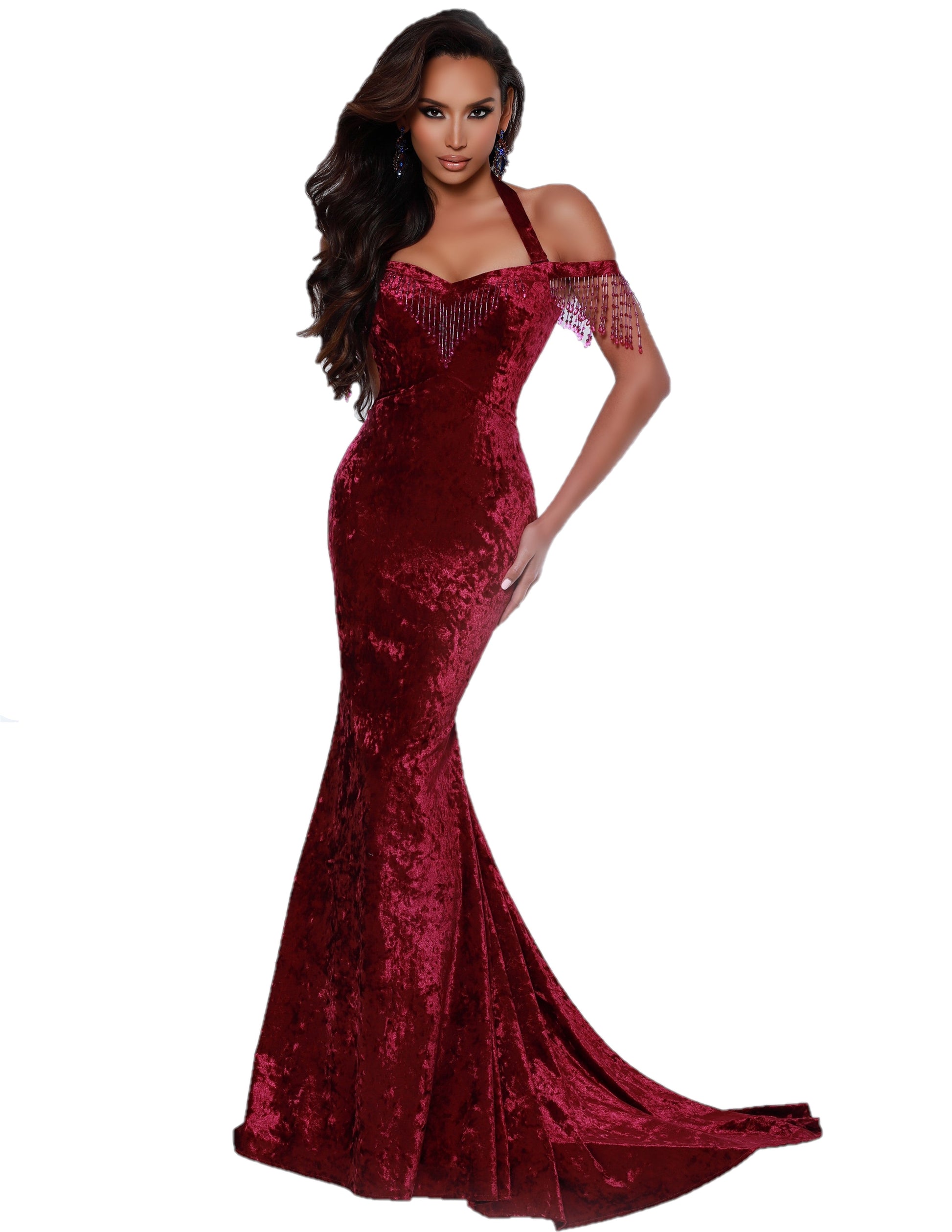 Johnathan Kayne 2415 Long Velvet Formal Dress off the shoulder fringe Pageant Gown  Available Sizes: 0-18  Available Colors: Merlot, Navy